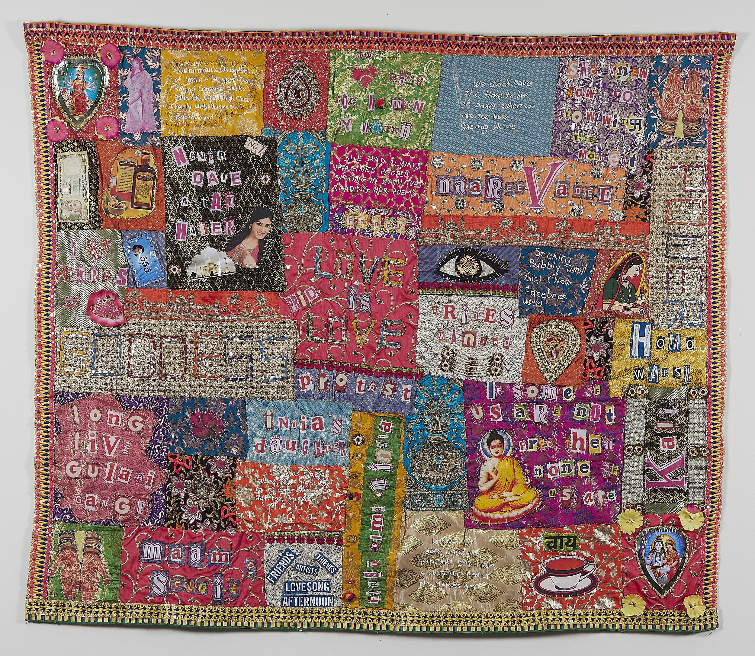 Kate Just, Aadambar Strivadi Quilt, 2016 Hand stitched cotton, silk and synthetic fabrics, cardboard, plastic, beads. 145 x 168cm
