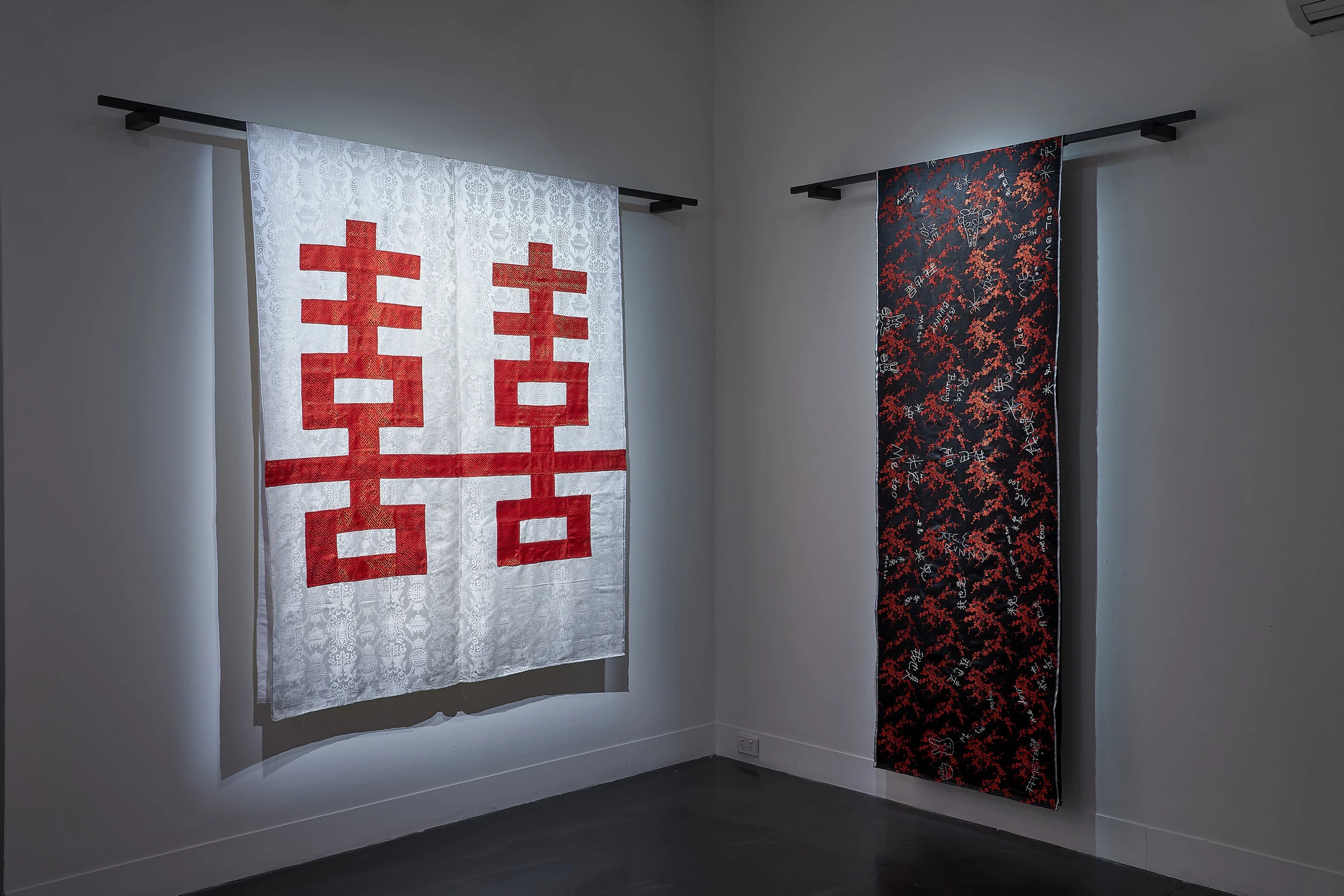 Double Happiness (Queer Love) (centre) , 2019 Me Too 我也是Rice Bunny米兔 (right), 2019 Hand and and machine stitched brocade fabric, timber Photo: Sam Roberts