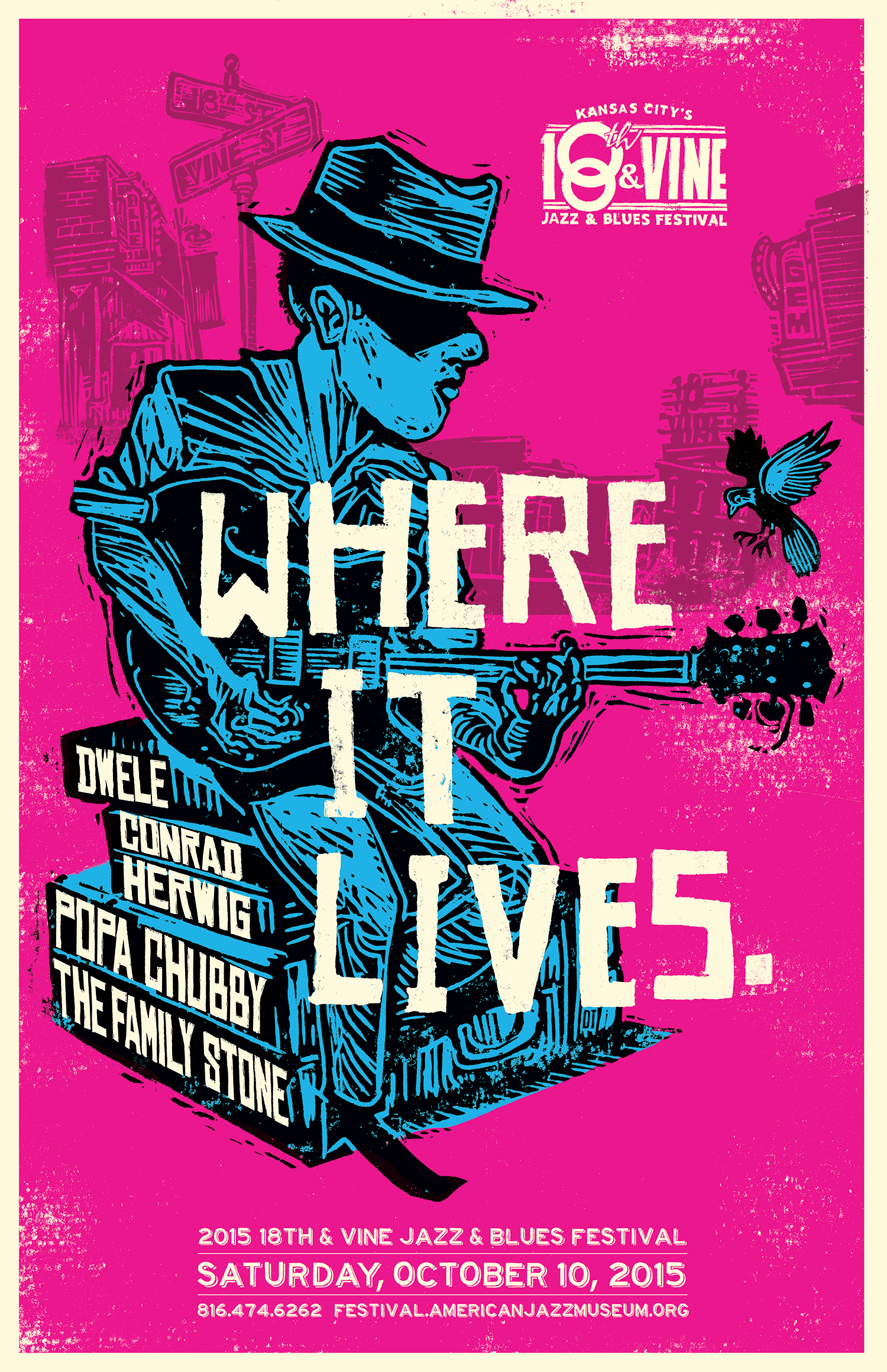 Mixed Media, Lino block cut with digital finish 22"x 34" Annual poster advertising the 18th & Vine Jazz Fest benefitting the American Jazz Museum located in the historic 18th & Vine Jazz district in Kansas City Missouri.