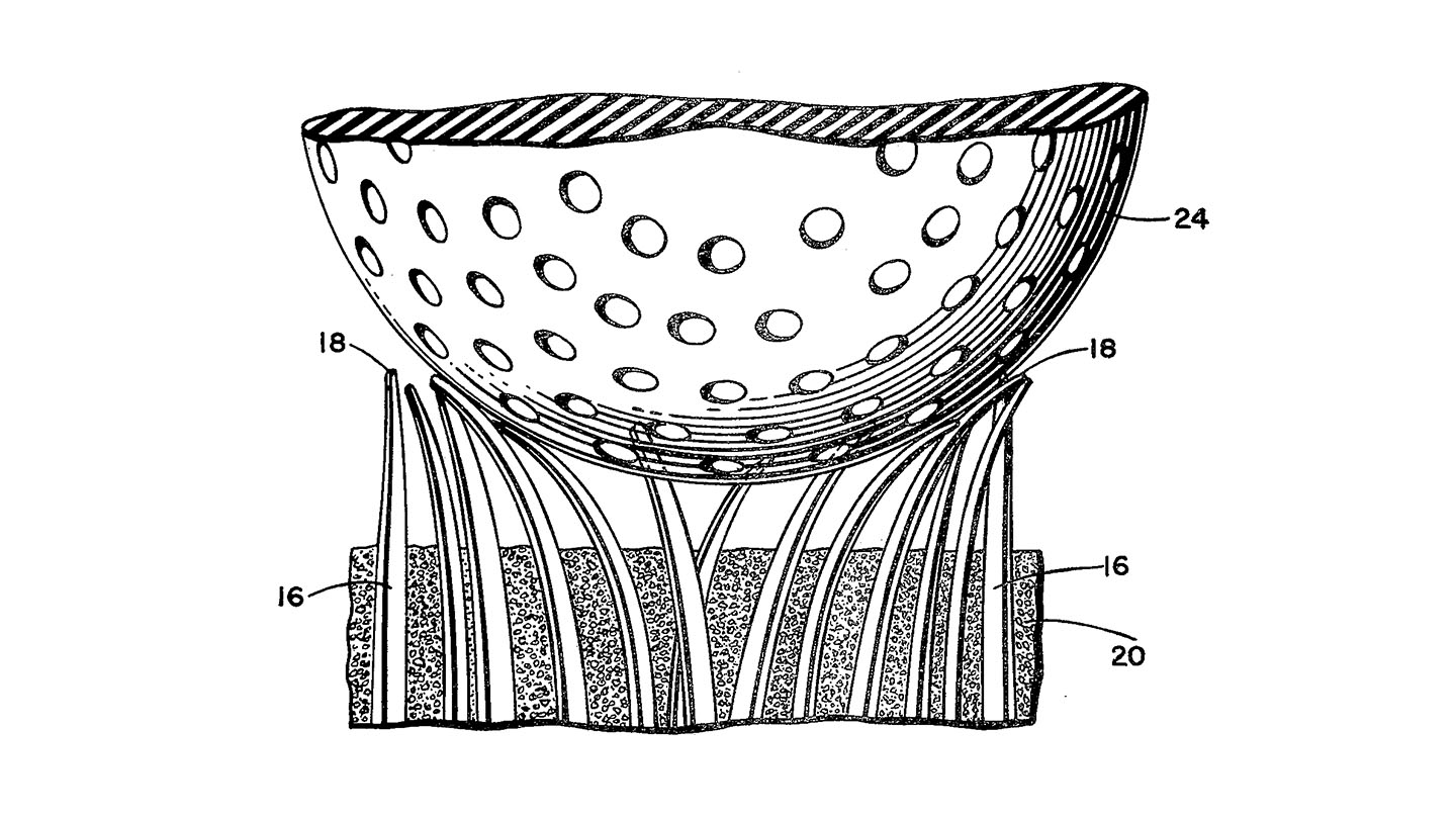 A golf ball is dramatically dissected in the pursuit of the perfect playing surface. “Thus,” writes the inventor, “the ball will behave as it does on grass.” He then goes on to assert that characteristics of his artificial surface make it equal or superior to natural grass. ( U.S. Patent No. 3,995,079 , “Artificial Turf-Like Product,” Frederick T. Haas, Jr., issued November 30th, 1976)