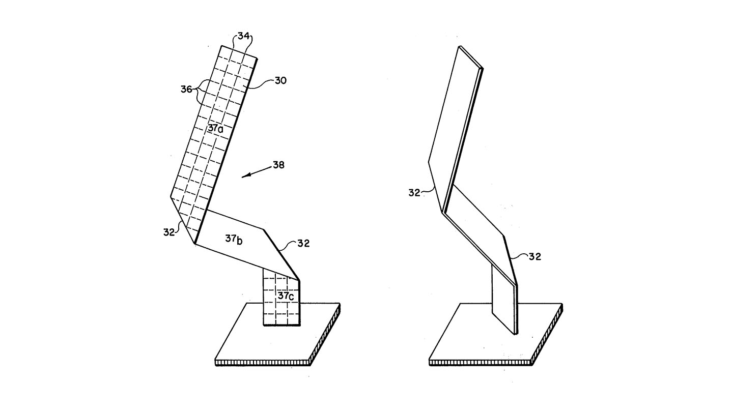 Drawings for the methods and apparatuses for tufting, or otherwise making blades of synthetic grass appear less uniform, and therefore more natural, seem to dwell obsessively on the characteristics of individual blades. Here, a blade of grass is diagrammed and depicted as one might for a work of sculpture on a pedestal. ( U.S. Patent No. 4,061,804 , “Non-Directional Rectangular Filaments and Products,” Walter Graham McCulloch, issued December 6th, 1977)