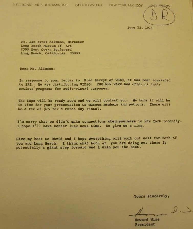 Fig. 6. The letter from Electronic Arts Intermix, Inc. to Howard Wise. The Long Beach Museum of Art Video Archive, circa 1970-2000. 1972, the Getty Research Institute, 12 Feb. 2015.