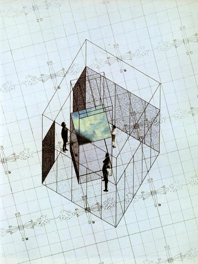 Fig. 9. Drawing of the exhibition cube at MoMA, Ambasz, Emilio. Italy: the new domestic landscape: achievements and problems of Italian design. (New York: New York Graphic Society Books, 1972) 241. Print.