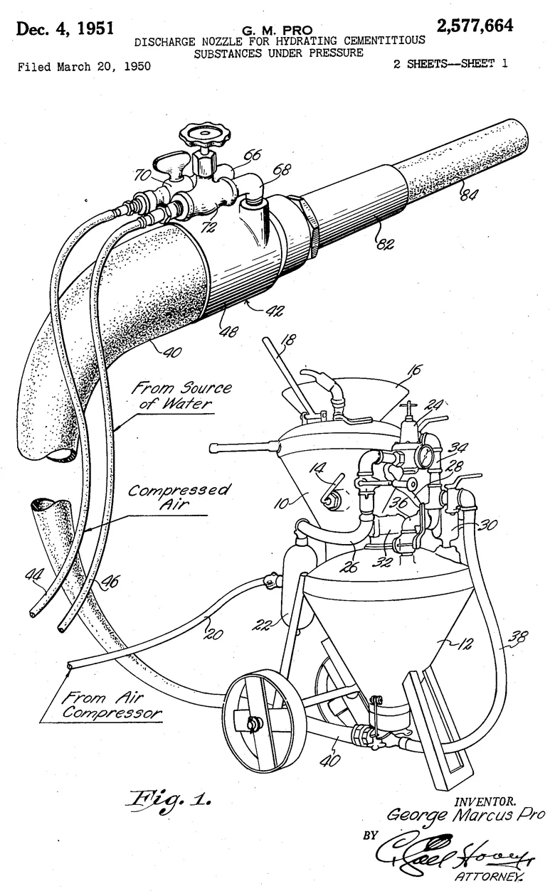 Figure 4. George M. Pro, Patent Application for “Discharge Nozzle for Hydrating Cementitious Substances Under Pressure.”