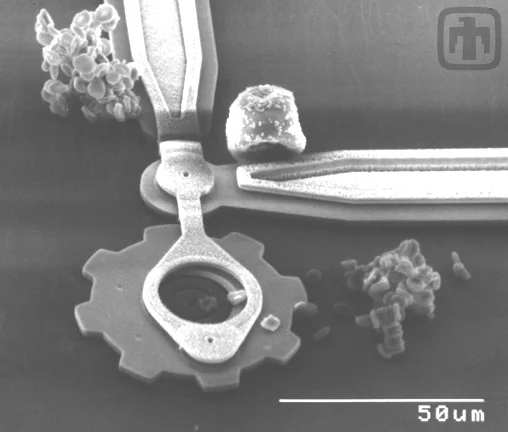 Drive gear chain and linkages, with a grain of pollen (top right) and coagulated red blood cells (lower right, top left) to demonstrate scale. This is merely representative of MEMS construction and scale and is not a part of the Airing device. source