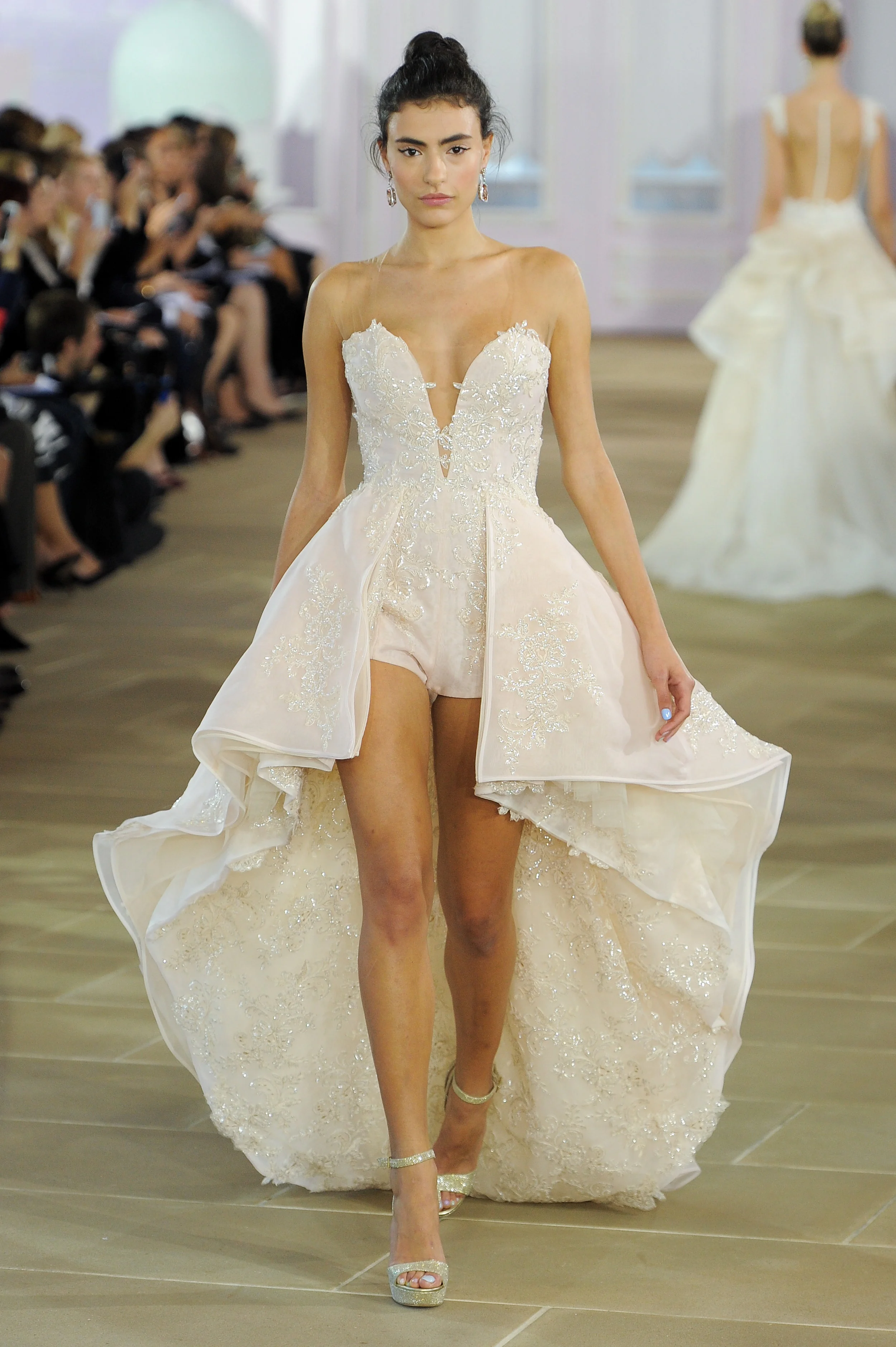 'Macaron' - sleeveless illusion soft pink romper with lace embellished high-low train.