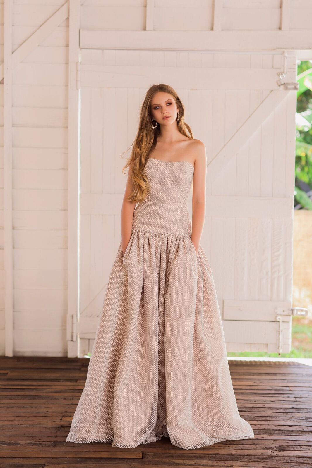 'Alegra' - s trapless drop-waist gown with diamond tulle over tea rose silk dupion and side pockets.