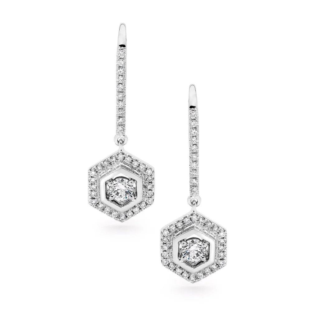 18CT WHITE GOLD HEXAGON DIAMOND EARRINGS