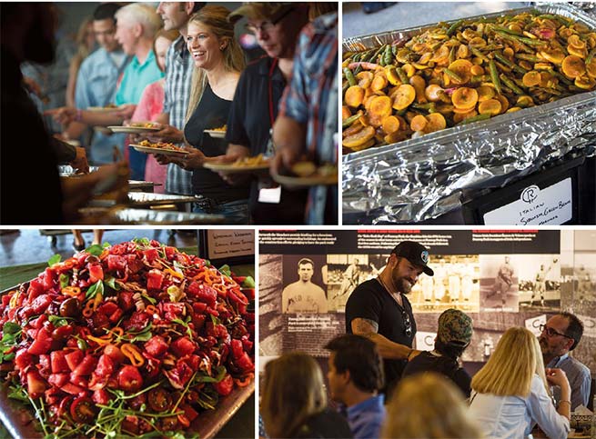 Clockwise: Eat and Greet guests in buffet line; Yellow squash and green beans; Zac Brown greeting guests at Eat and Greet; Watermelon, cherry tomato, and Kalamata olive salad