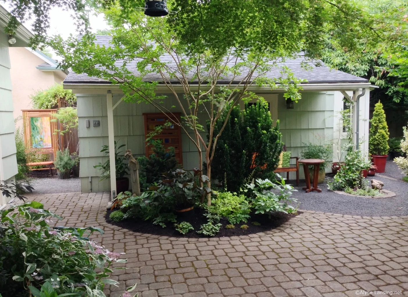 Garage AFTER. The porch was built in Fall of 2010, and the new garden around it. This is how it looked on Garden Tour day (6-18-2016).