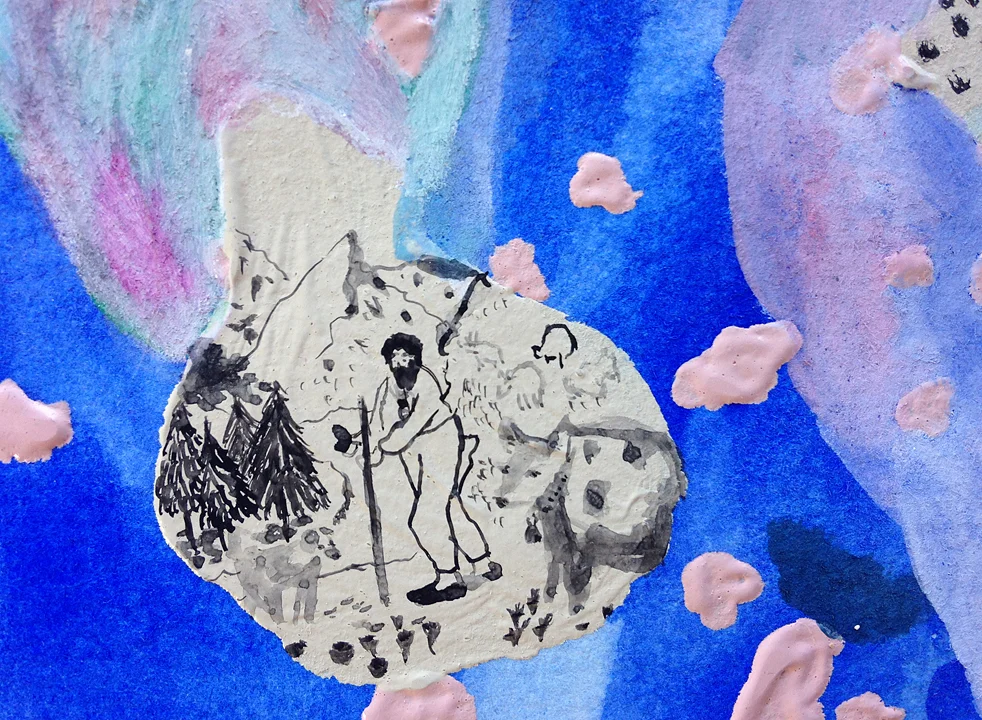  Wheatie's Swiss Sky, detail  Gouache, acrylic and color pencil, 2015  11.5" x 15"  All images copyright Hillery Sproatt 