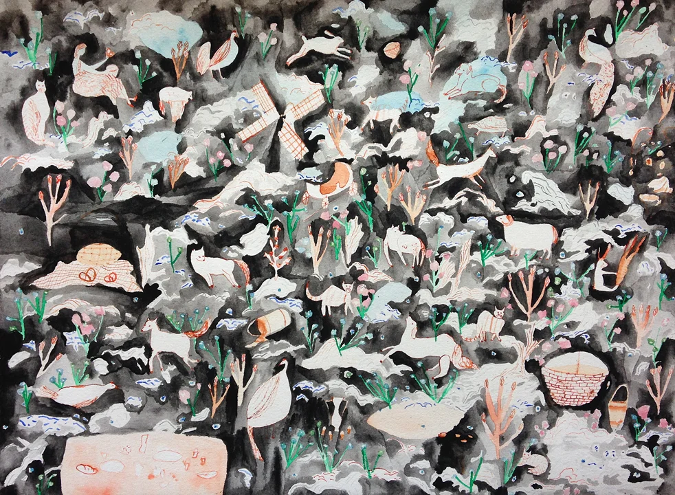  Field fellows  Gouache&nbsp;on paper, 2015  11.5" x 15"  All images copyright Hillery Sproatt 