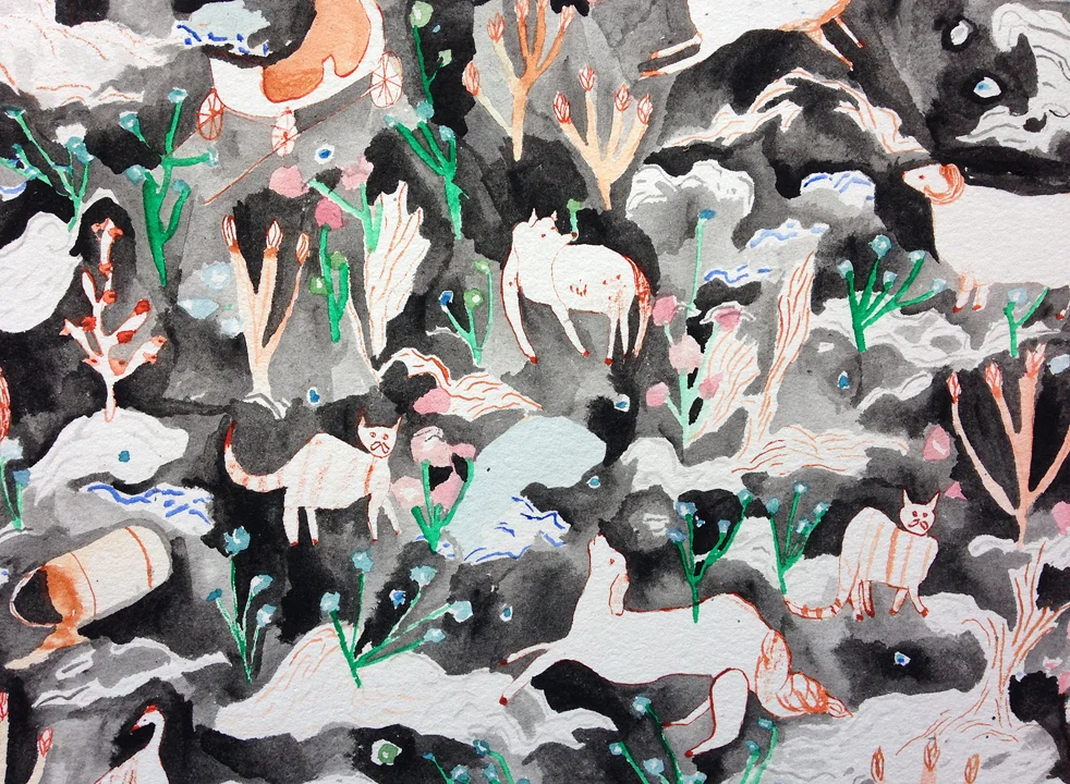  Field fellows, detail  Gouache&nbsp;on paper, 2015  11.5" x 15"  All images copyright Hillery Sproatt 