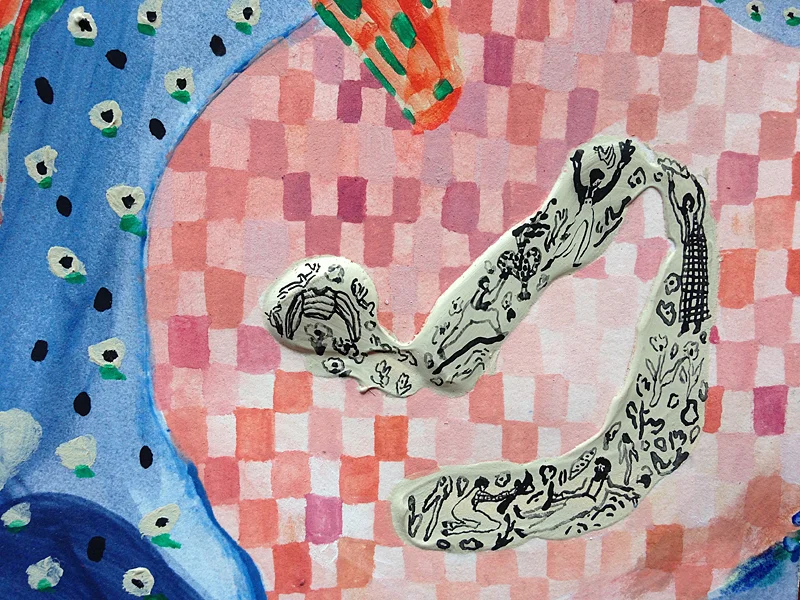  In the family of things we float, detail  Gouache and acrylic paint on paper, 2015  22" x 30"  All images copyright Hillery Sproatt 