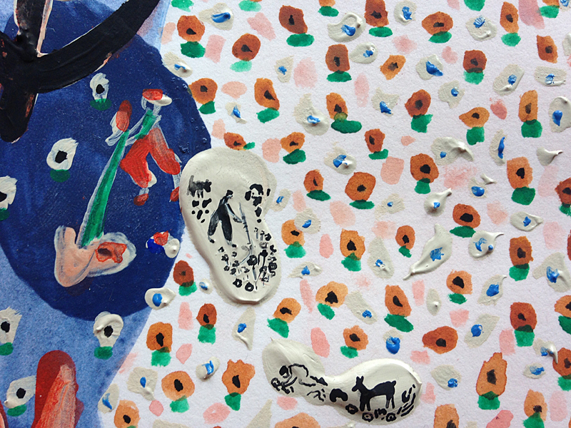  In the family of things we float, detail  Gouache and acrylic paint on paper, 2015  22" x 30"  All images copyright Hillery Sproatt 