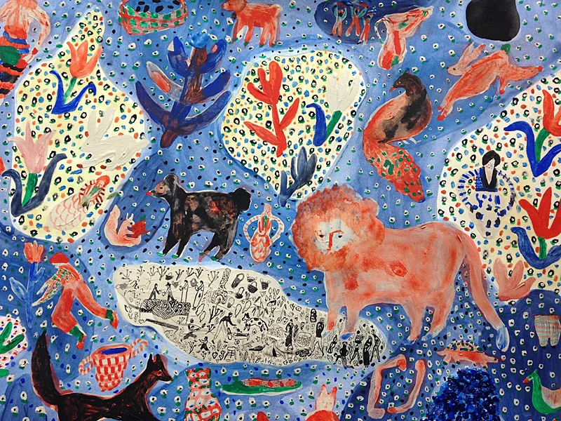  In the family of things we float, detail  Gouache and acrylic paint on paper, 2015  22" x 30"  All images copyright Hillery Sproatt 