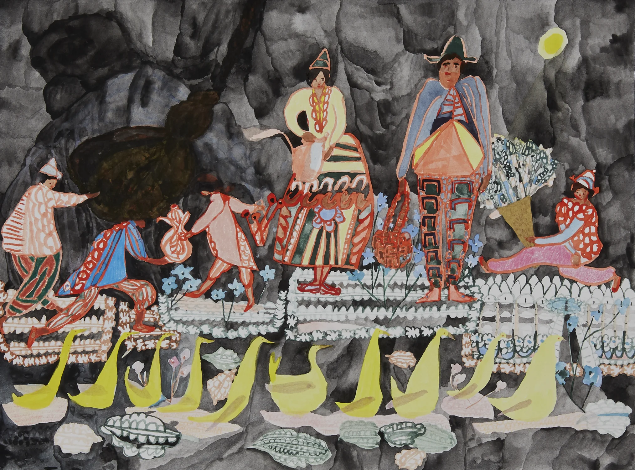 Moonlight shadows build the black Watercolor and color pencil on paper, 2018 12” x 16” Available