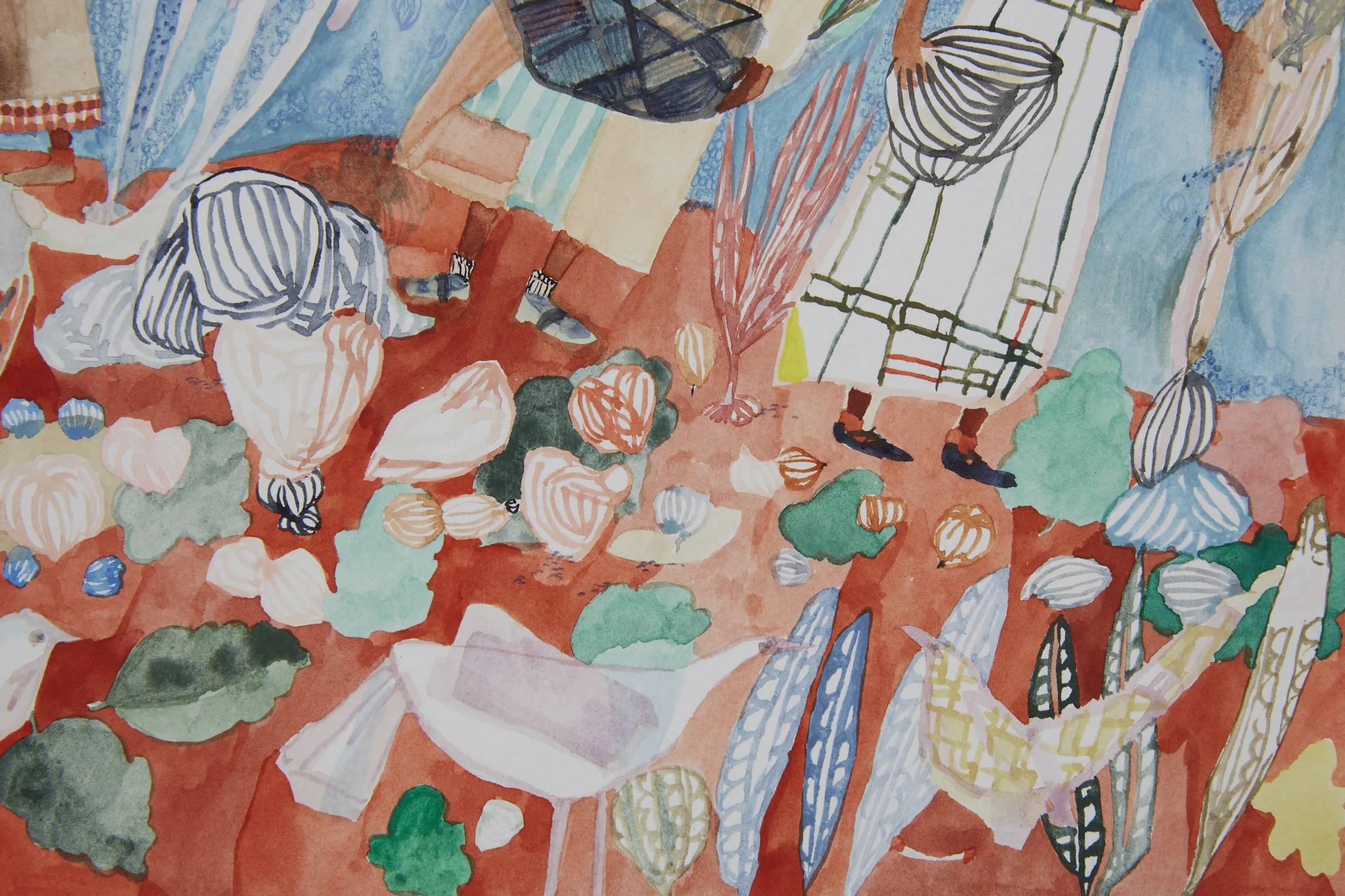 Paper birds in a paper garden, detail Watercolor and color pencil on paper, 2018 12” x 16” Available