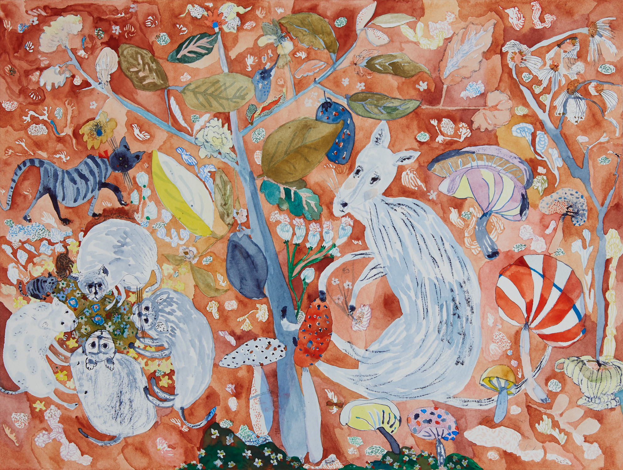   Amongst the mushrooms   Watercolor, gouache and color pencil on paper, 2019  12” x 16”  Sold 