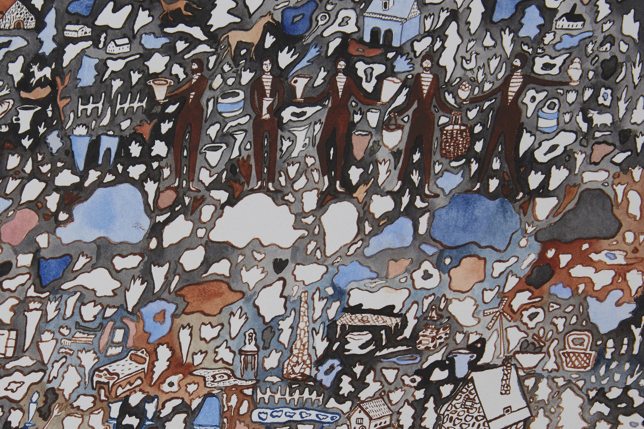   The French Villagers, detail   Gouache and watercolor on paper, 2014  11” x 15”  $500  Available 