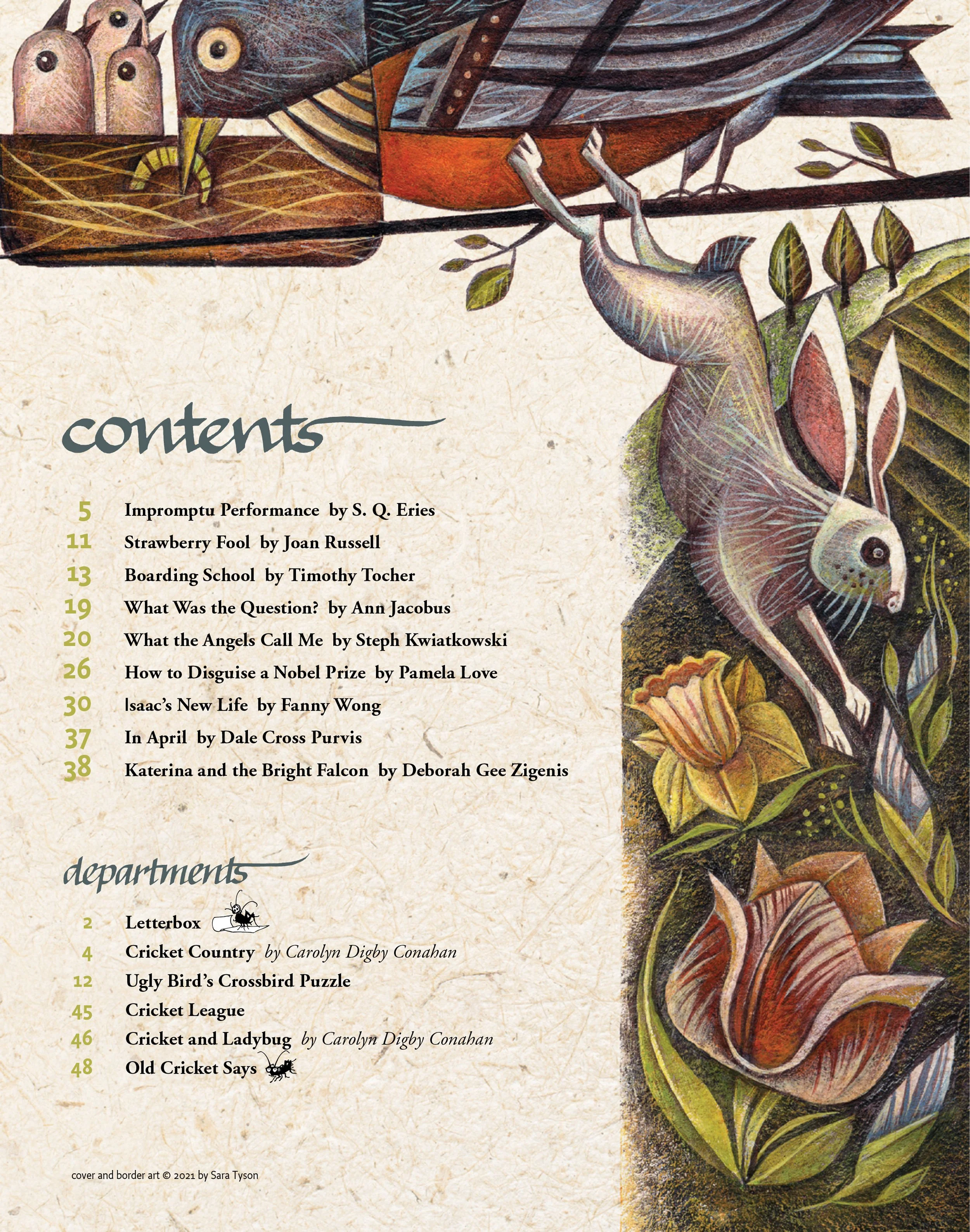 Spring Contents Page for Cricket Magazine