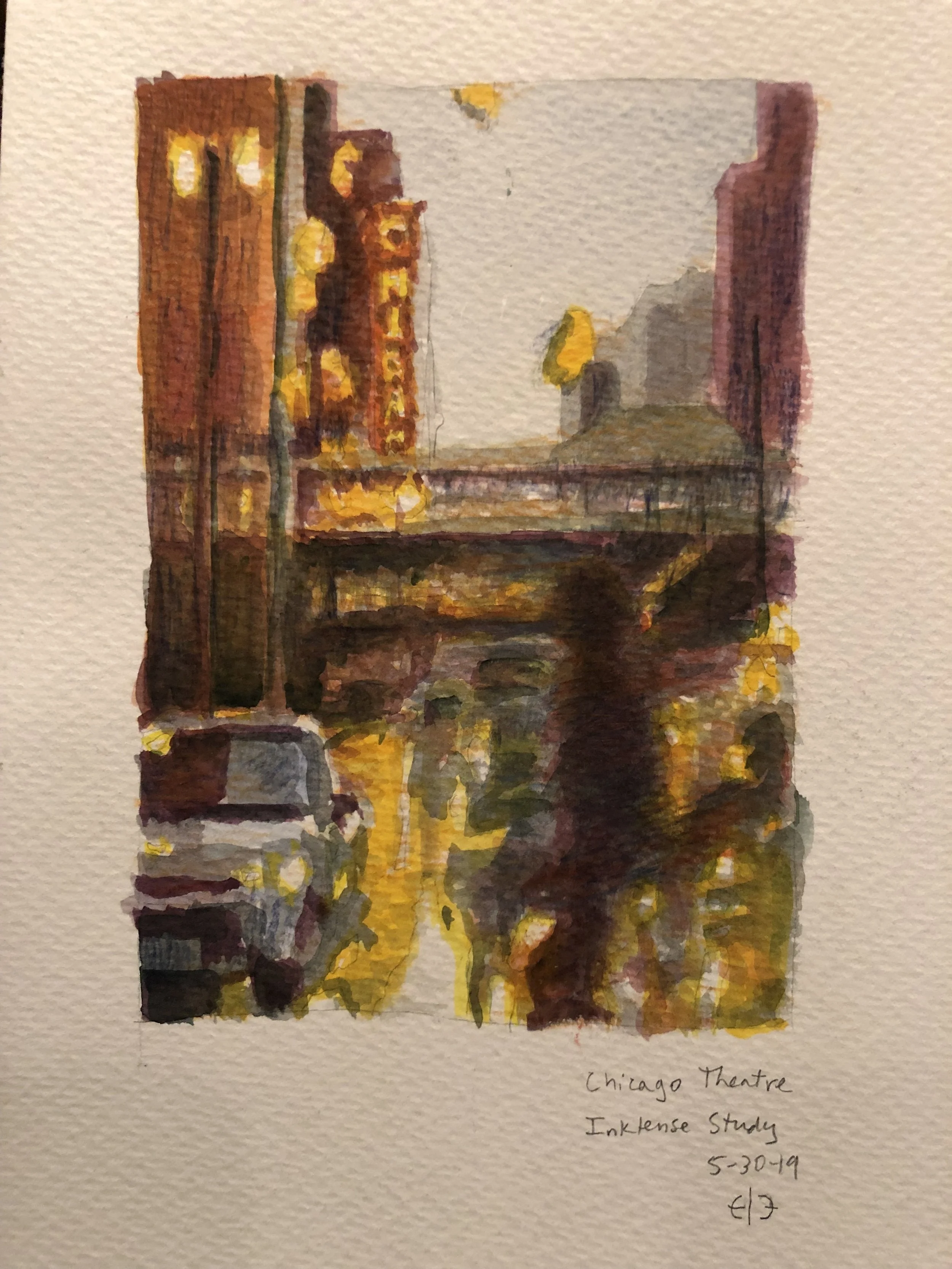 State & Lake (Inktense Study, 2019, 10"H x 7"W)