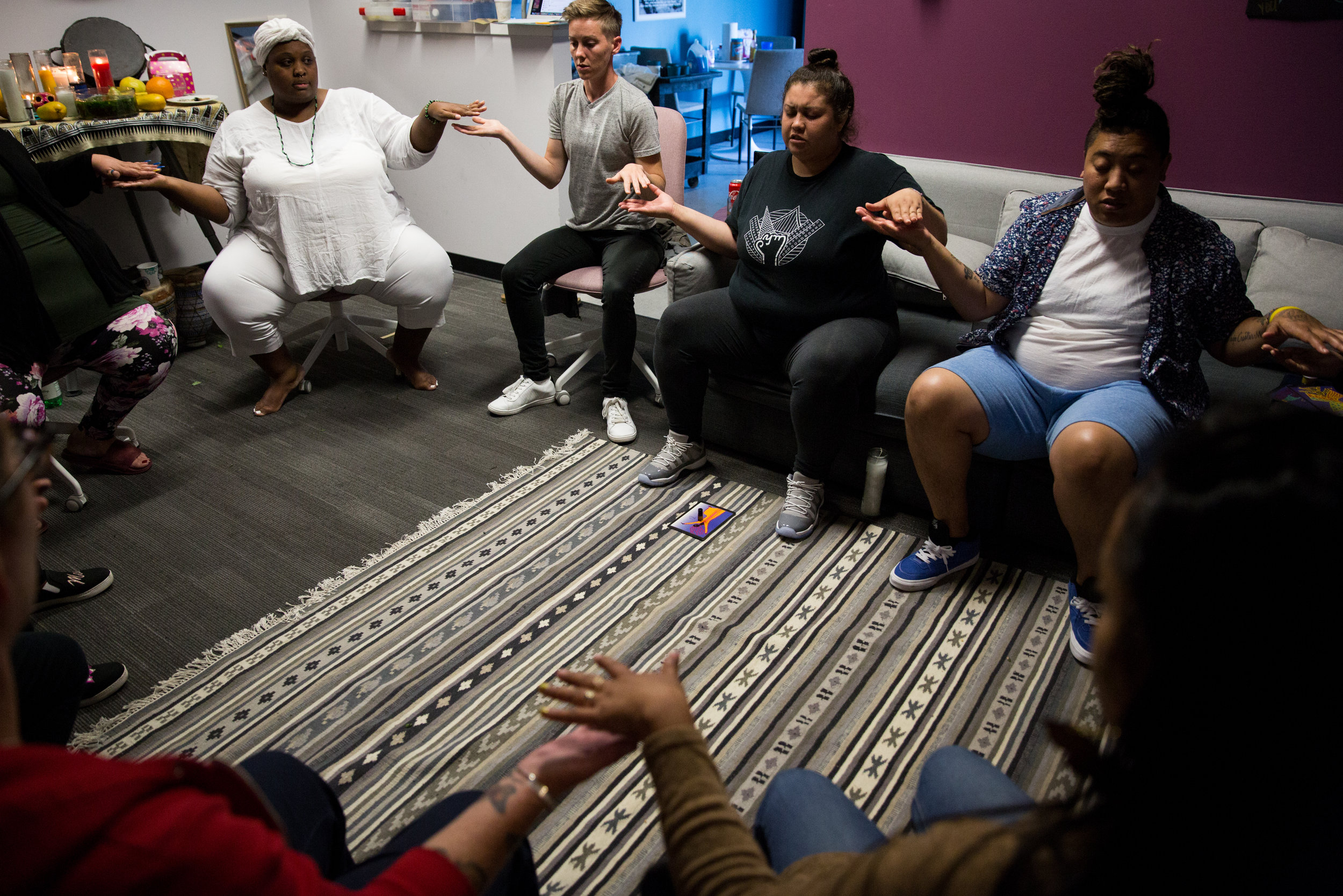  The Young Women's Freedom Center is founded on four pillars: sisterhood, social justice, self determination, and spirituality. While the center isn't a religious organization, its members participate in spiritual activities like their monthly ritual