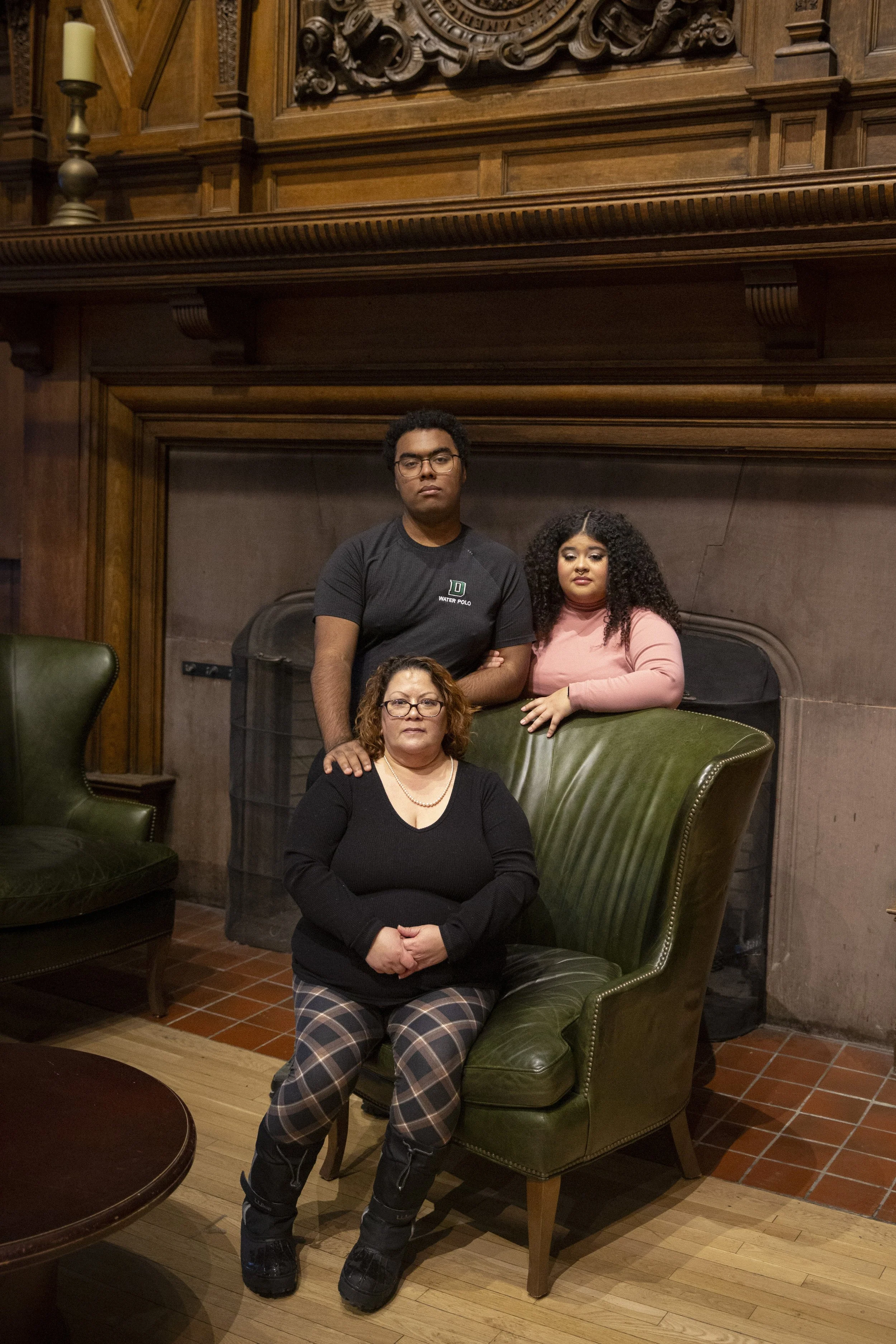  Dartmouth sophomore Ulysses Hill, top left, with his mother Olivia Sanchez, seated, and sister Amanda Hill, both of White River Junction, Vt., at the Collis Center in Hanover, N.H., on Thursday, Dec. 12, 2024. The family is originally from Pasadena,