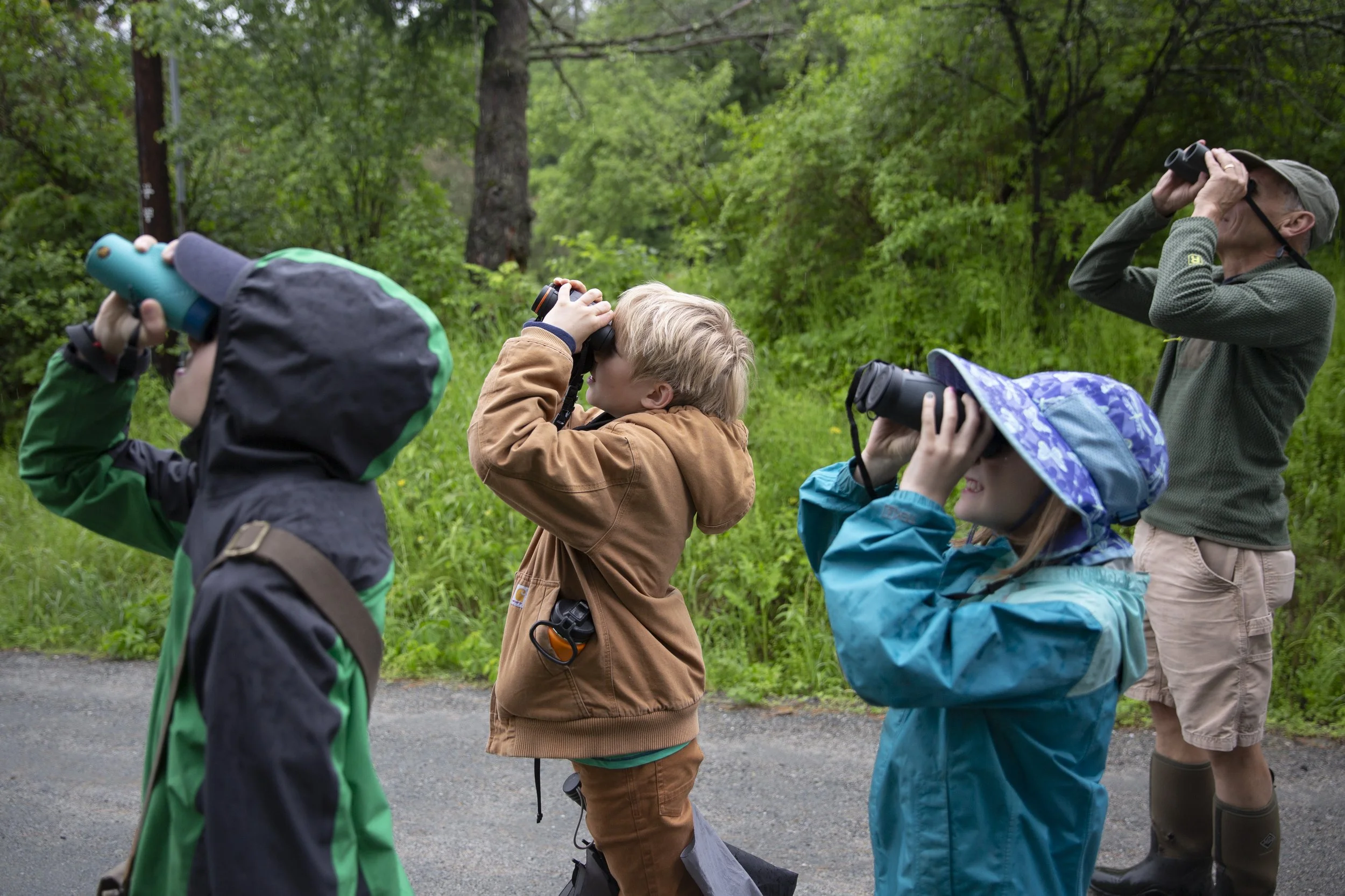  From left, John Sheldon, 11, of Norwich, Vt., Jack Batchman, 12, of Brookfield, Vt., Ruby Wible, 9, of Norwich, and Chris Rimmer, former director of the Vermont Center for Ecostudies, look at a cowbird through their binoculars during the second mont