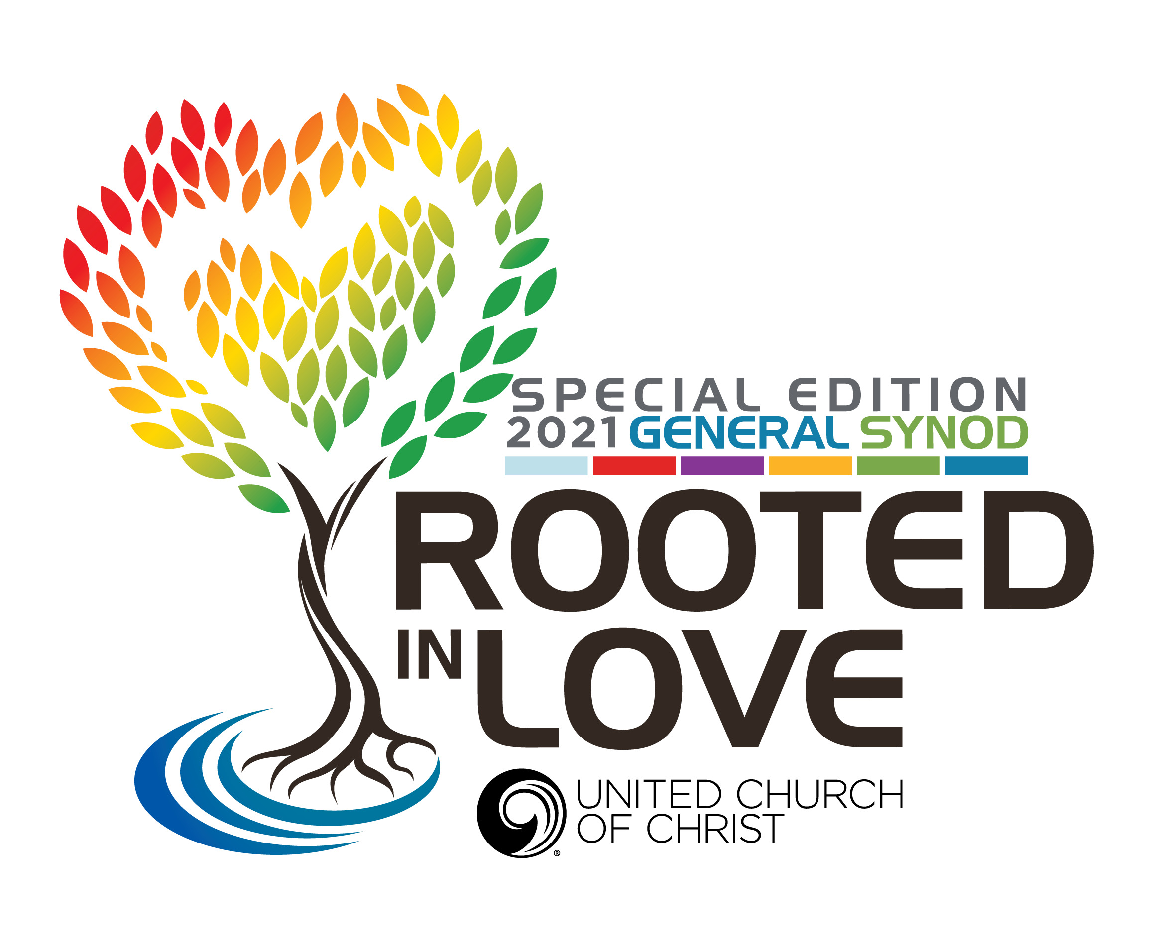 General Synod 2021 - Special Edition logo with the theme "Rooted in Love". Next to the text is a drawing of a tree with roots and a gradient of red to green leaves.