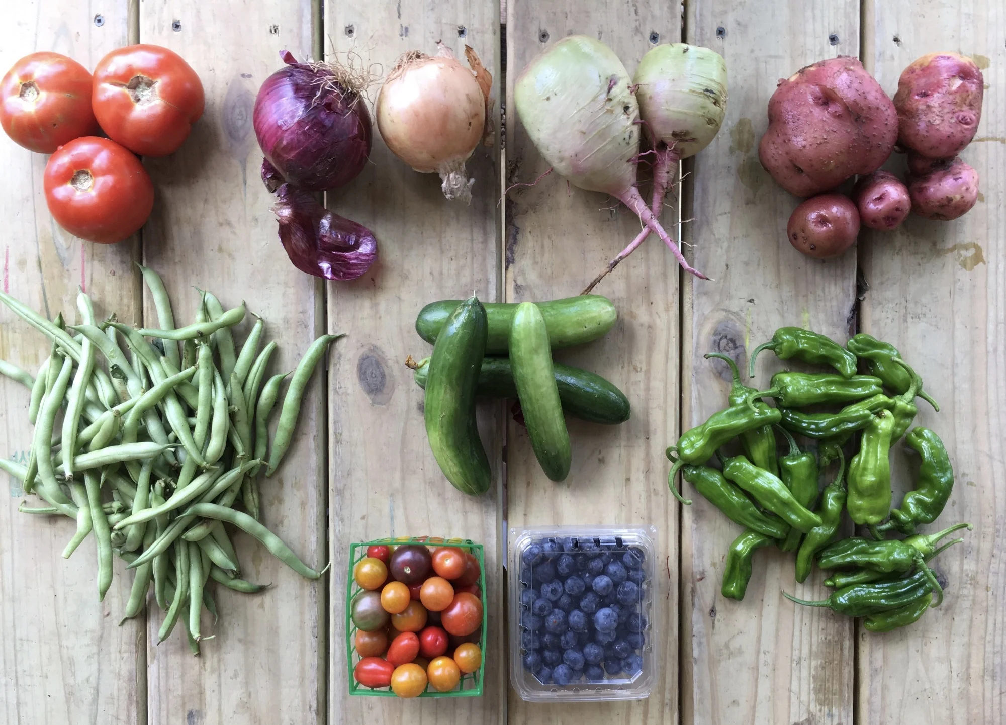Top Row: Beefsteak Tomatoes, Cured Onions, Watermelon Radishes, and Potatoes. Bottom Row: Green Beans, Cherry Tomatoes, Blueberries, and Shishitos. 