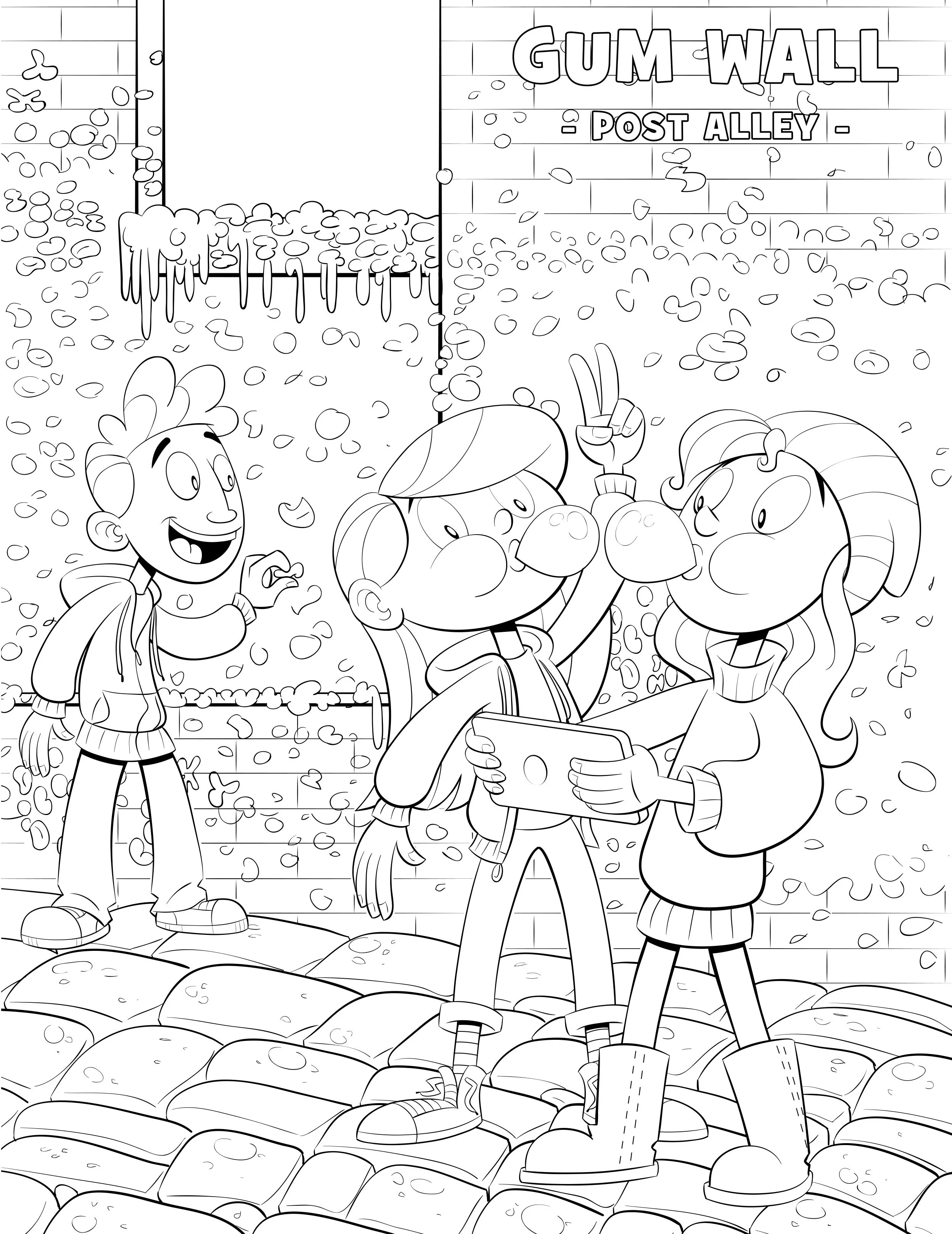  How do you make a wall of pre-chewed gum (look it up) fun and not completely gross? Add some characters in the foreground taking selfies! 