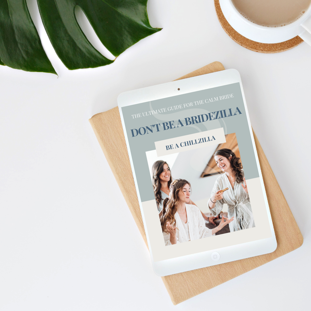 Tablet displaying Just Lago's Don't Be a Bridezilla, Be a Chillzilla wedding planning guide.