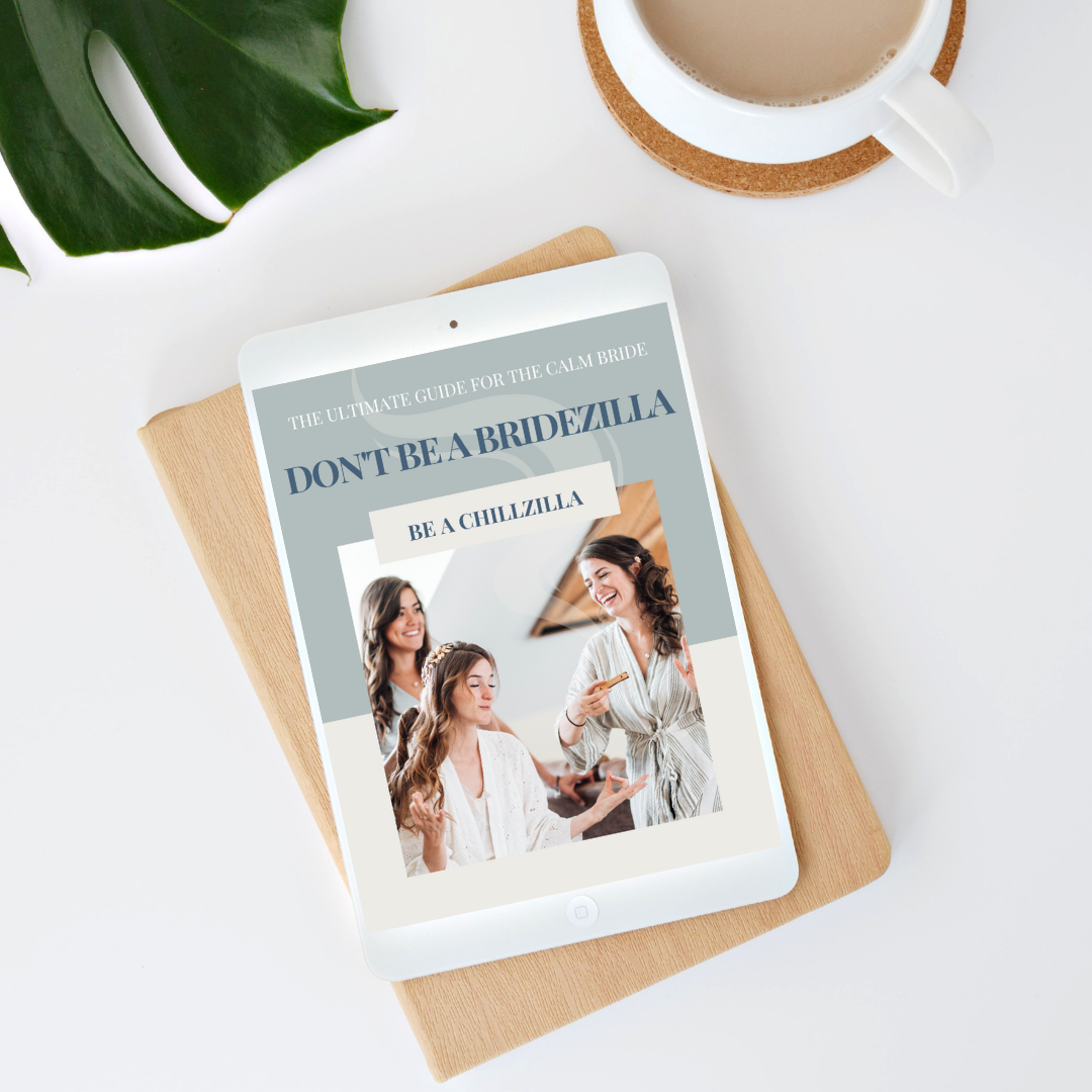 Just Lago's Don't Be a Bridezilla, Be a Chillzilla wedding planning ebook displayed on a tablet.