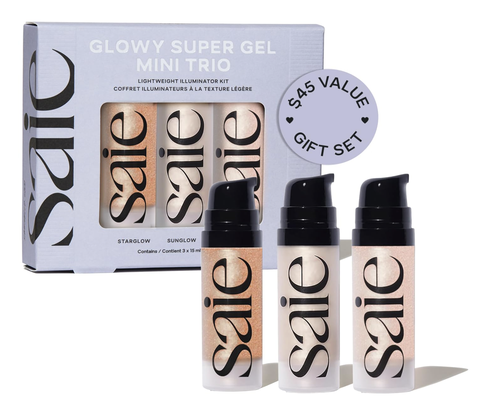 Saie illuminating highlighter for adding a natural glow to makeup.