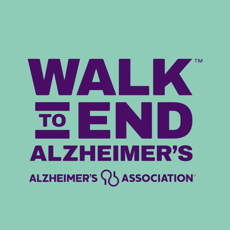 Purple text on a light green background reads "Walk to End Alzheimer's" and includes the Alzheimer's Association logo.
