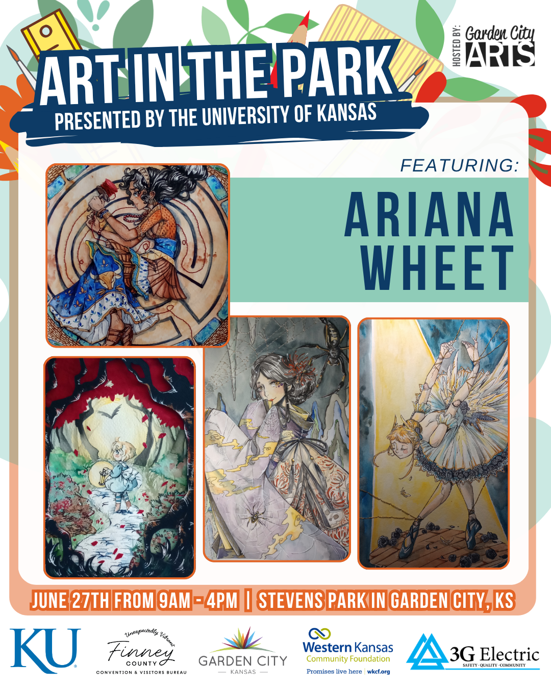 Event poster for 'Art in the Park' featuring artwork by Ariana Wheet, including three colorful illustrations of fantasy and nature scenes, with event details and sponsor logos.