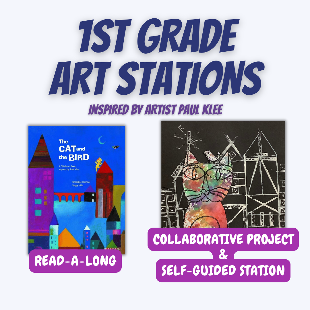 Poster titled '1st Grade Art Stations inspired by artist Paul Klee'. It features an illustrated children's book cover 'The Cat and the Bird,' labeled as a 'Read-A-Long,' and an artwork of a colorful lined drawing of a cat on a black background, labeled as a 'Collaborative project & self-guided station.'