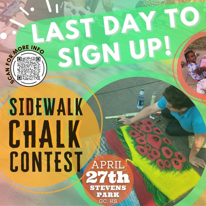 Wednesday, April 24th is the LAST DAY to sign up for the Sidewalk Chalk Contest! You MUST sign up in advance as spots and chalk are limited.

Find rules and information on the graphic below OR on our website. You can signup online here: https://www.e