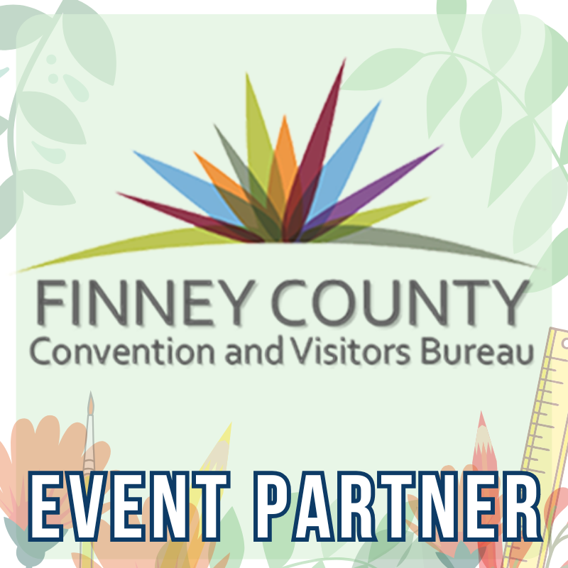 Logo for Finney County Convention and Visitors Bureau with colorful geometric design, surrounded by illustrations of paintbrushes, a ruler, and flowers on a light green background.