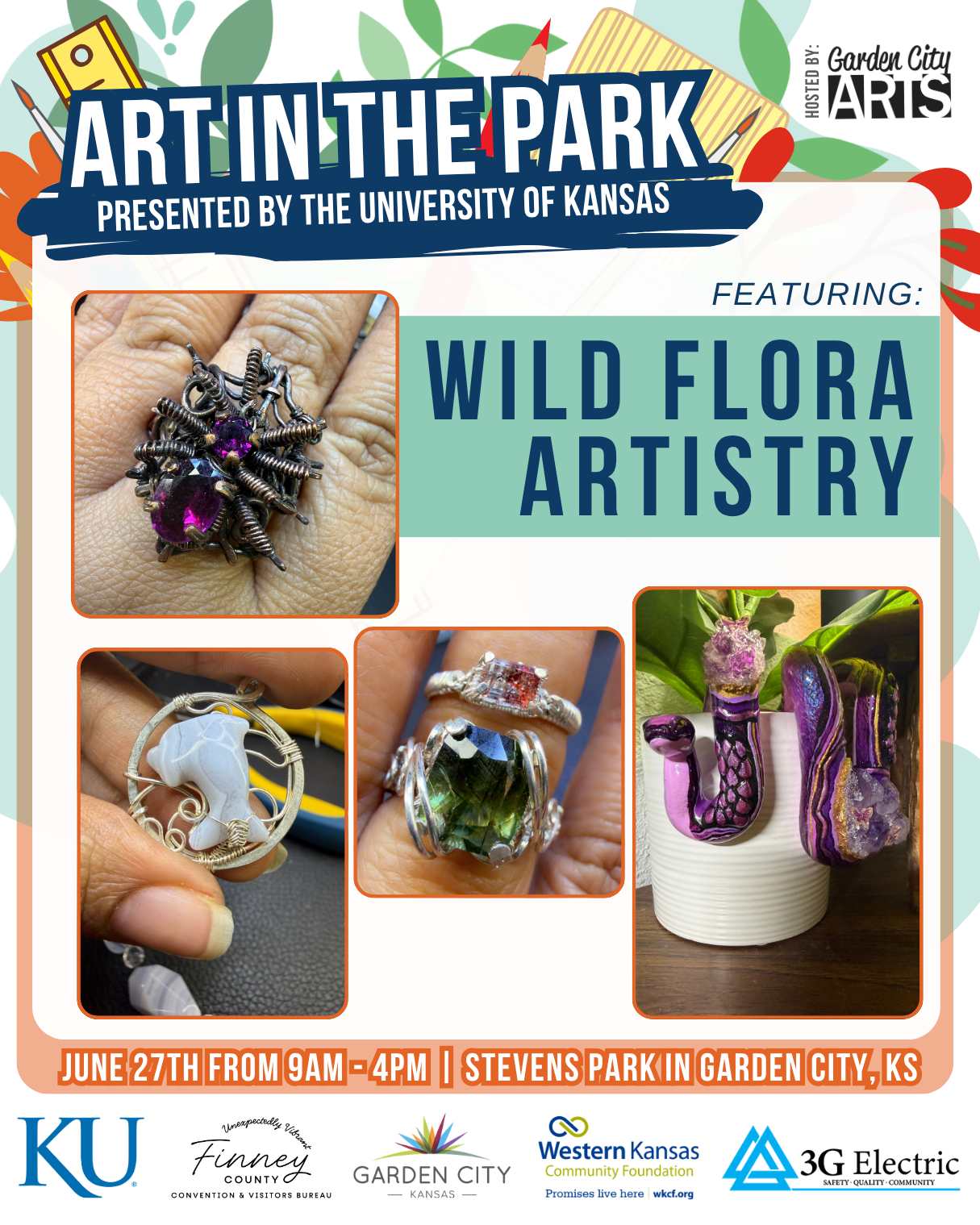 Four crafted jewelry pieces featuring wire-wrapped designs and gemstones, with floral background. The jewelry includes a necklace, a bracelet, and a ring.