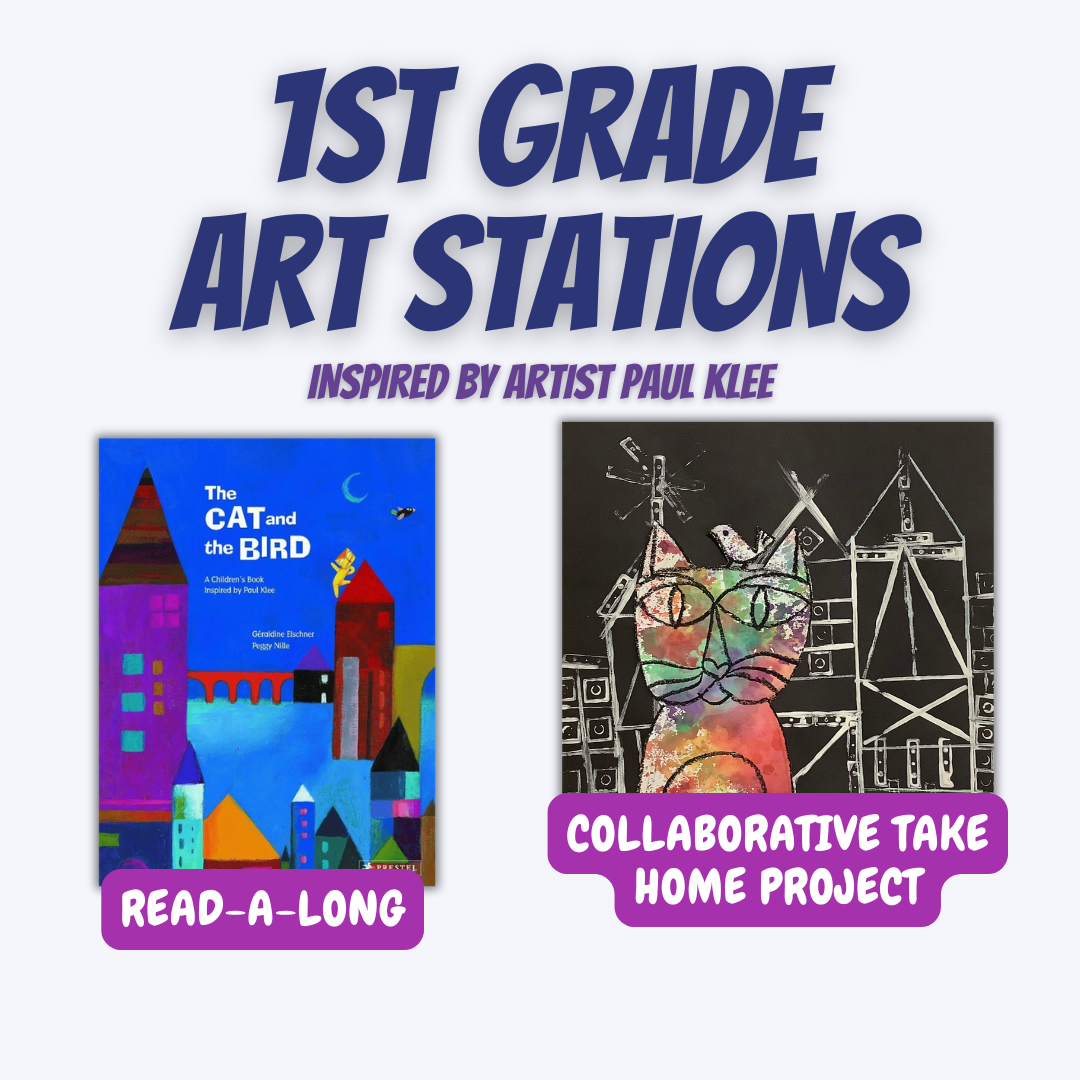 Poster titled '1st Grade Art Stations inspired by artist Paul Klee'. It features an illustrated children's book cover 'The Cat and the Bird,' labeled as a 'Read-A-Long,' and an artwork of a colorful lined drawing of a cat on a black background, labeled as a 'Collaborative project & self-guided station.'