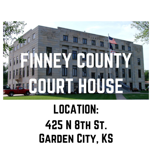 The image shows the facade of Finney County Courthouse in Garden City, Kansas, with large text overlay stating 'Finney County Court House' and the location details below.
