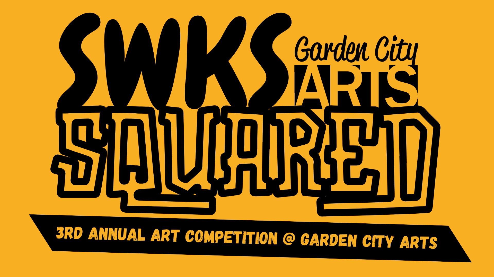 Logo for SWKS Garden City Arts Salute, indicating it is the 3rd annual art competition at Garden City Arts, with stylized black text on a orange background.
