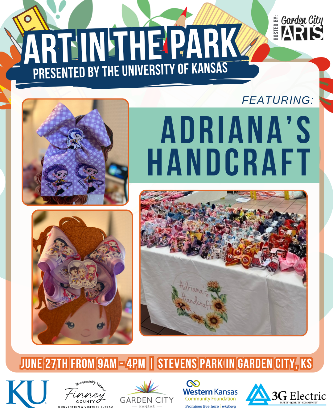 Poster advertising an art event at Stevens Park on June 28th from 9am to 4pm, featuring tattoo art from EZ Ink Studios, with images of tattoos on arms and a child with face paint.
