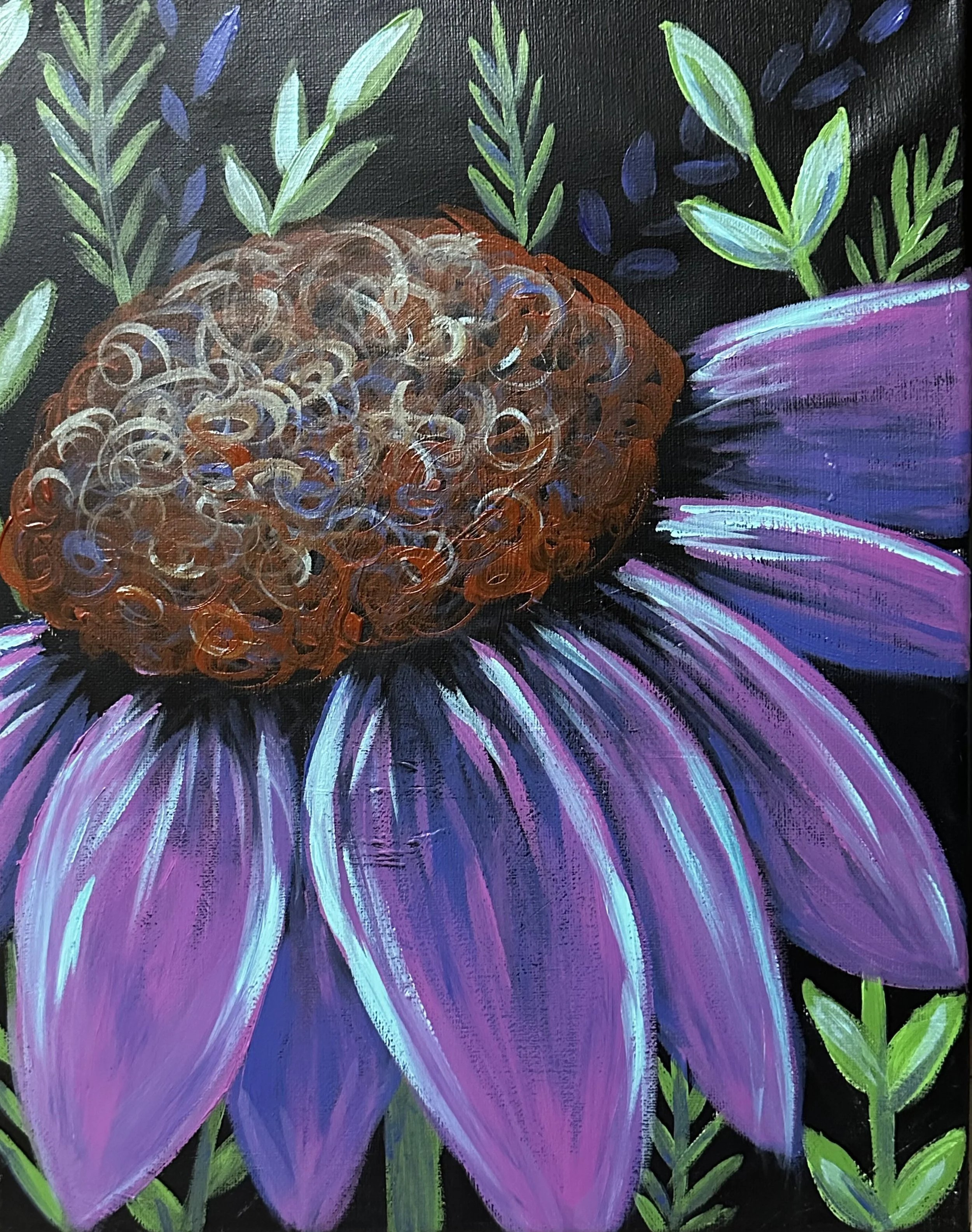 A painted floral artwork featuring a purple flower with a textured brown center and green leaves against a black background.