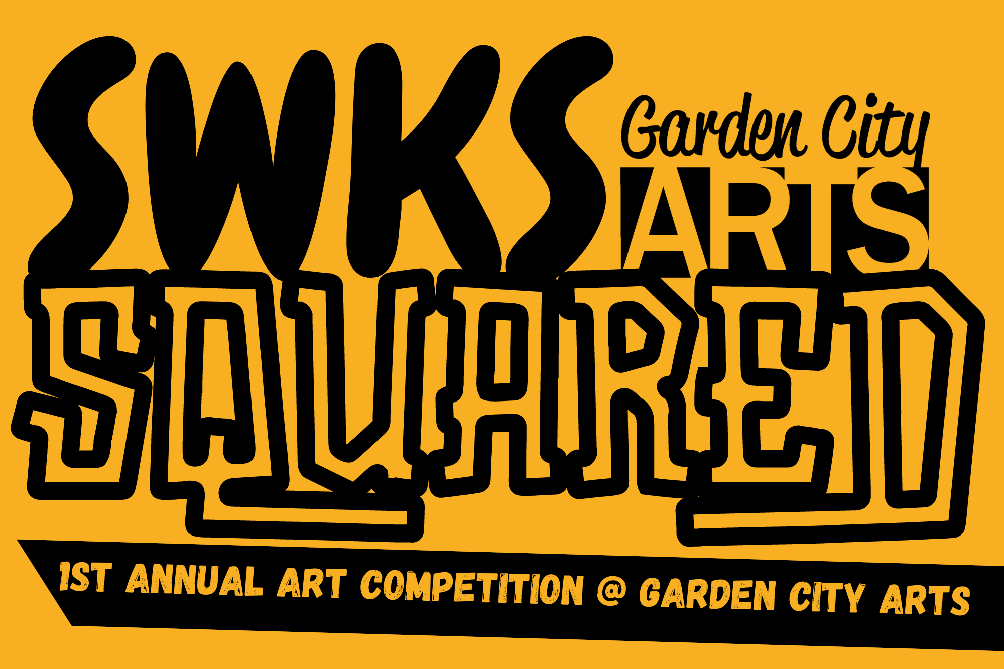 Logo for SWAKS Garden City Arts Salute, indicating it is the 1st annual art competition at Garden City Arts, with stylized black text on a gold background.