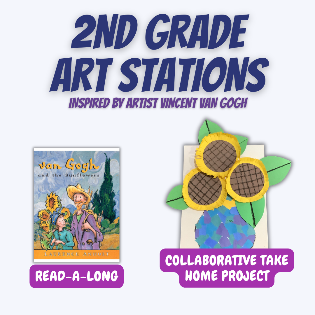 Poster advertising second grade art stations inspired by Vincent van Gogh, featuring a picture of the book "Van Gogh and the Sunflowers" and a sunflower craft made with paper and green leaves, with purple labels indicating "Read-A-Long" and "Collaborative Project & Self-Guided Station."