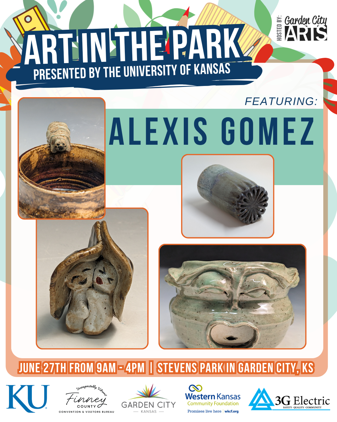 Poster for Earth Frog Studio art event featuring ceramic sculptures and artwork, with event details including date, time, and location at Stevens Park in Garden City, Kansas.