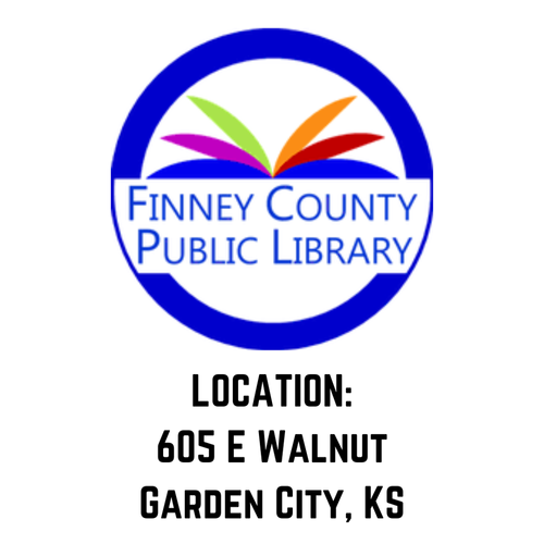 Logo of Finney County Public Library with colorful open book graphic and location address at 605 E Walnut, Garden City, Kansas.